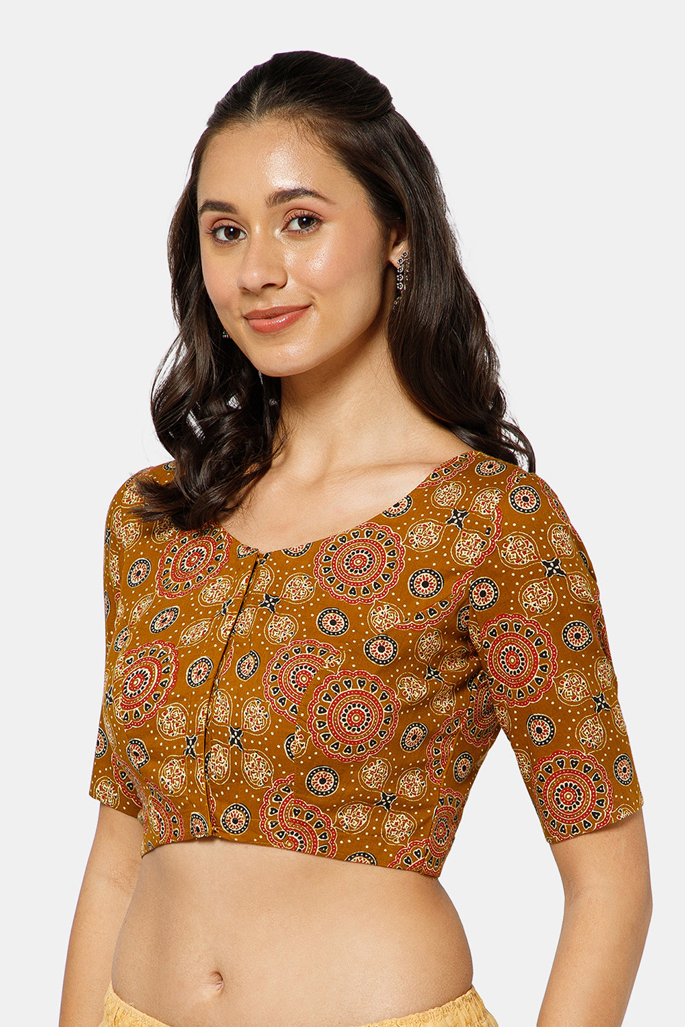 Naidu Hall Women’s Kalamkari Block Printed Cotton Blouse with U Neck Elbow Sleeves and Princess Cut - Mustard - BU17-P4