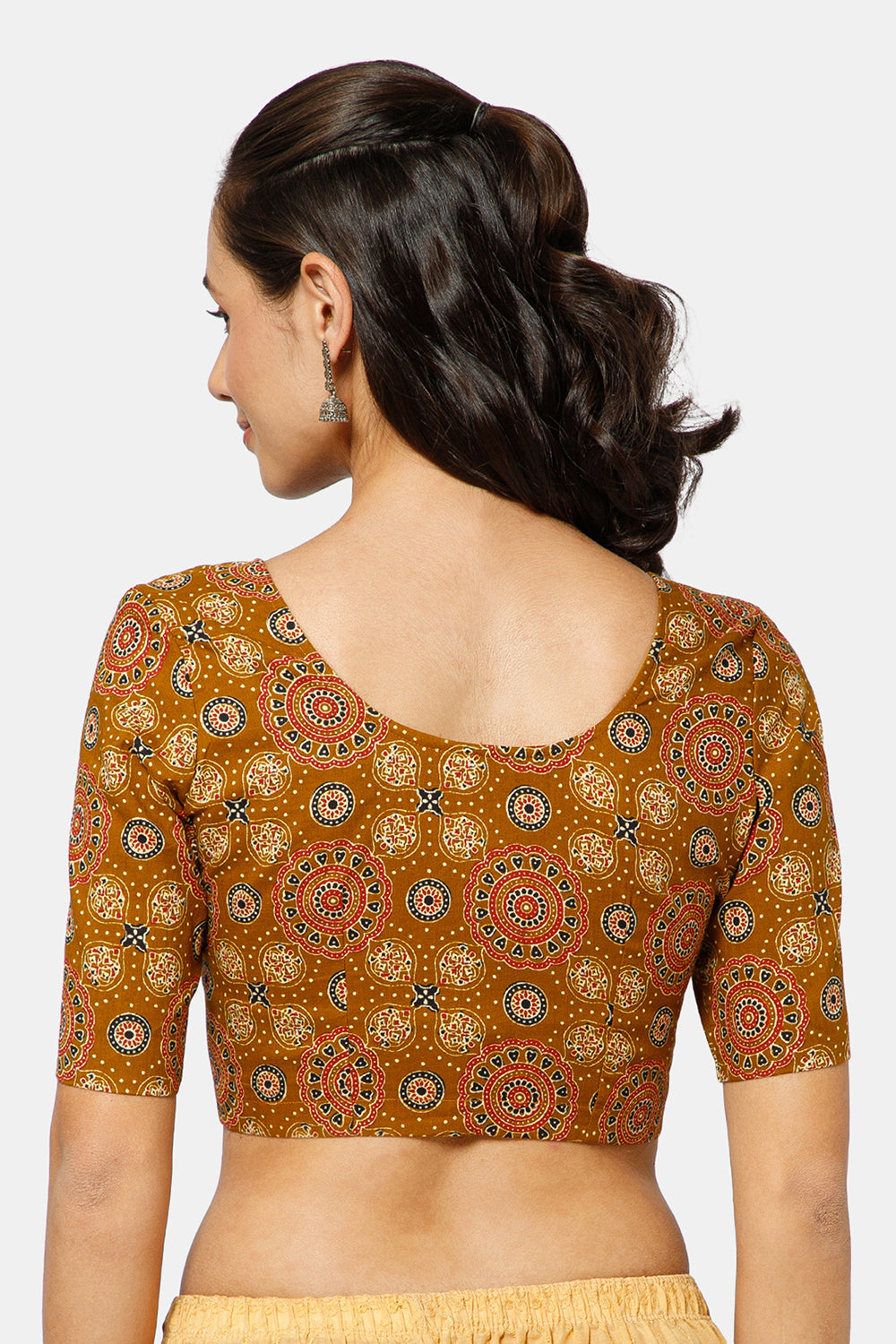 Naidu Hall Women’s Kalamkari Block Printed Cotton Blouse with U Neck Elbow Sleeves and Princess Cut - Mustard - BU17-P4