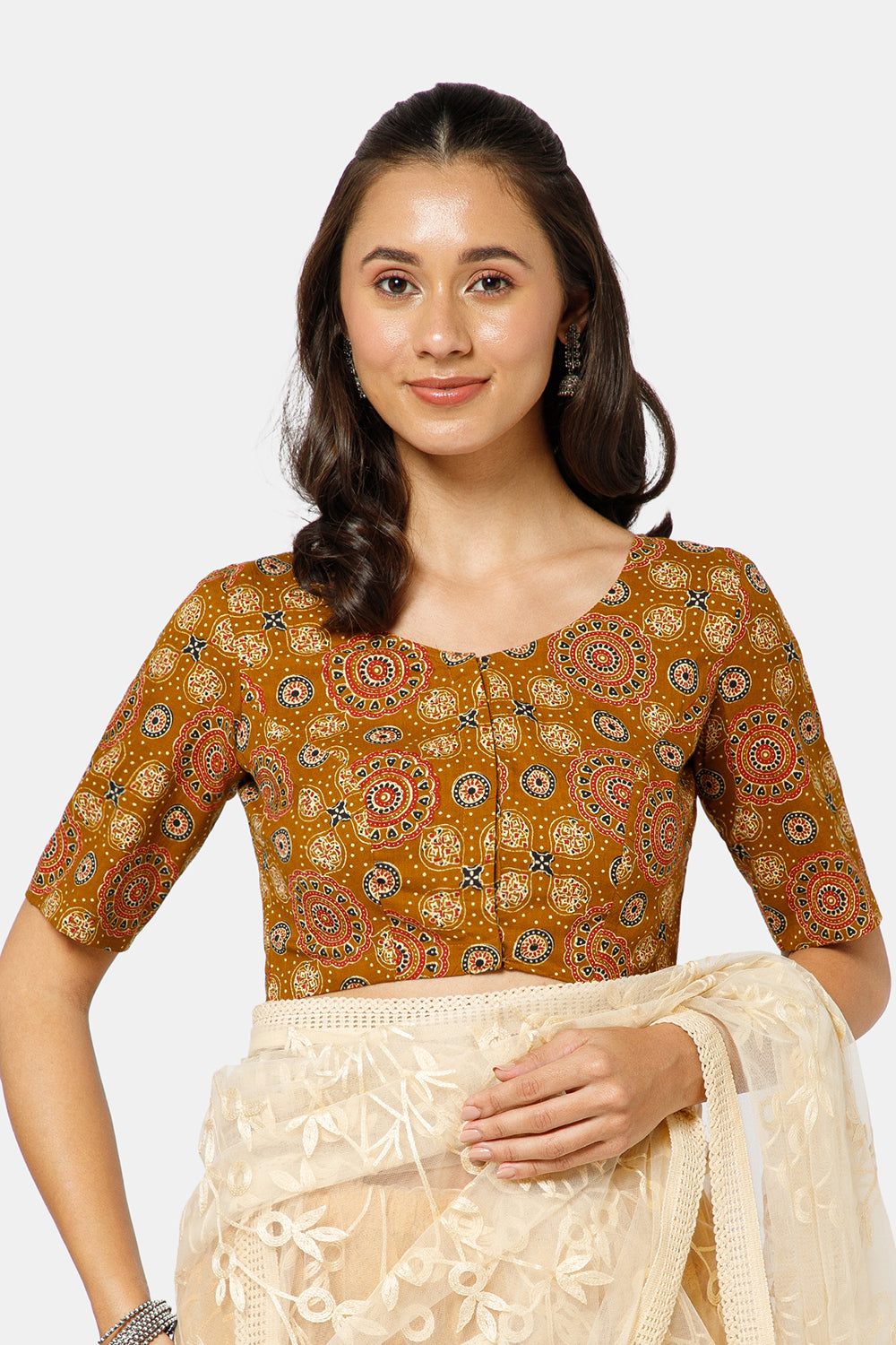 Naidu Hall Women’s Kalamkari Block Printed Cotton Blouse with U Neck Elbow Sleeves and Princess Cut - Mustard - BU17-P4