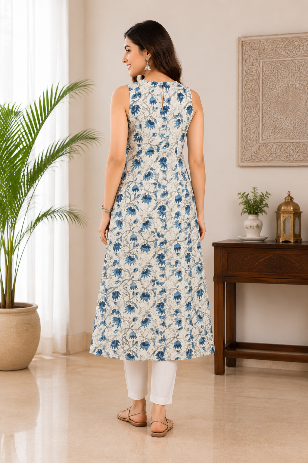 Mythri Women's Cotton Sleeveless Embroidered Kurti | Close Neck Straight Kurti with Patch Pocket | Casual, Office & Everyday Ethnic Wear - K111