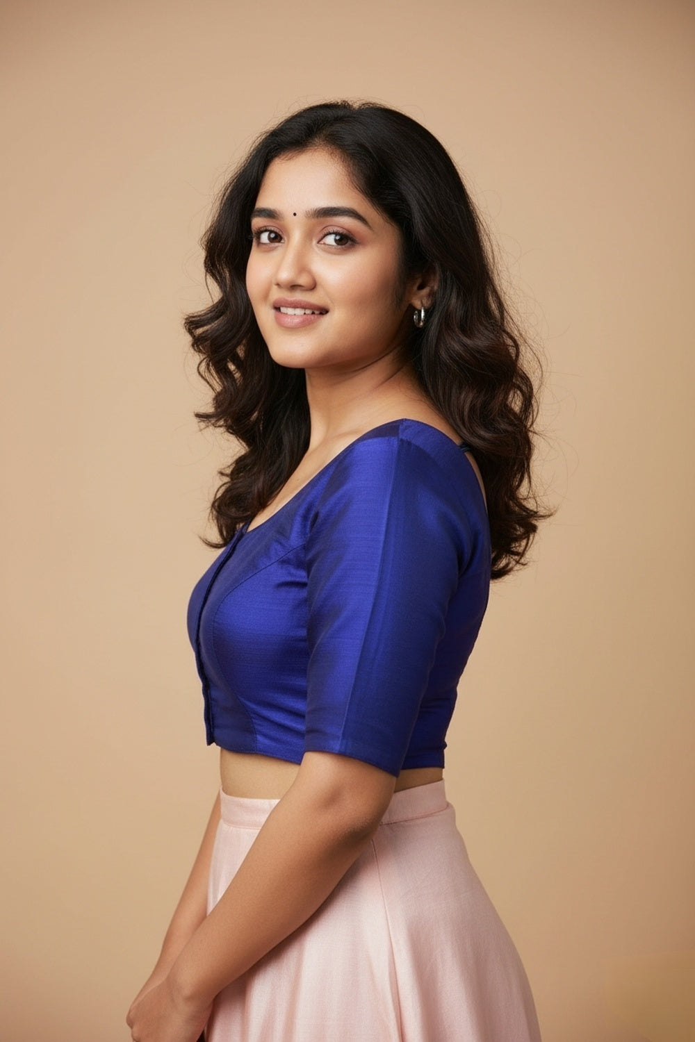 Women's Blouse Silk Blend Padded Front Open Round Neck Princess Cut Elbow Sleeve Solid Saree Blouse with Round Back - Royal Blue - 4050