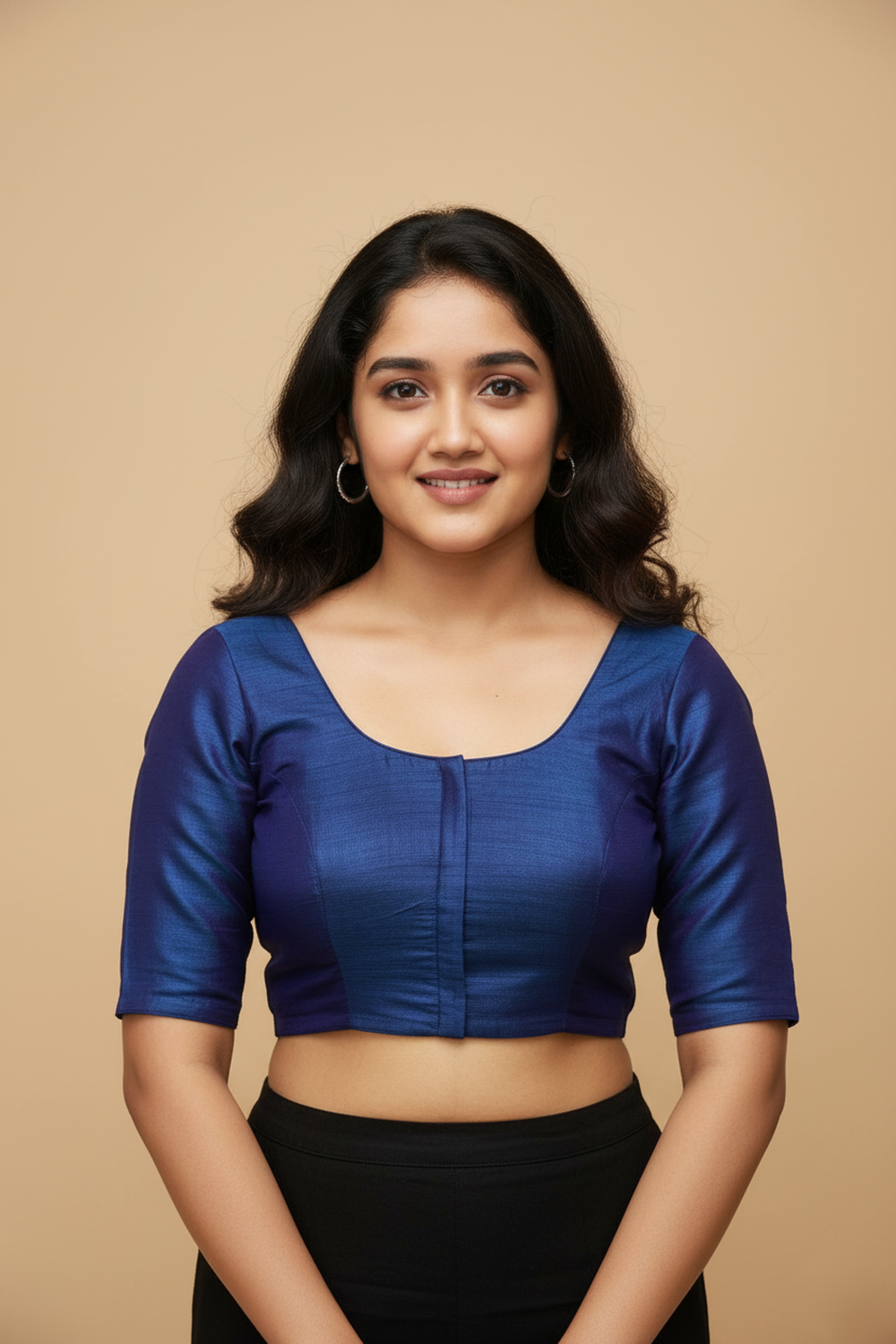 Women's Blouse Raw Silk Padded Front Open Round Neck Princess Cut Elbow Sleeve Saree Blouse with Round Back - Rama Blue - R124