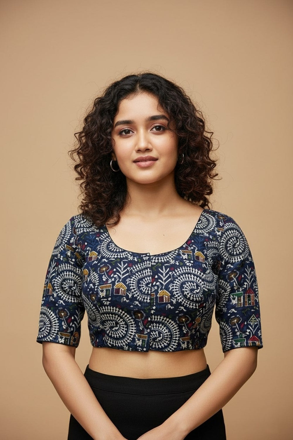 Women's Blouse Padded Cotton Blend Front Open Saree Blouse with Round Neck Princess Cut and Elbow Sleeves - Navy Blue - 1623