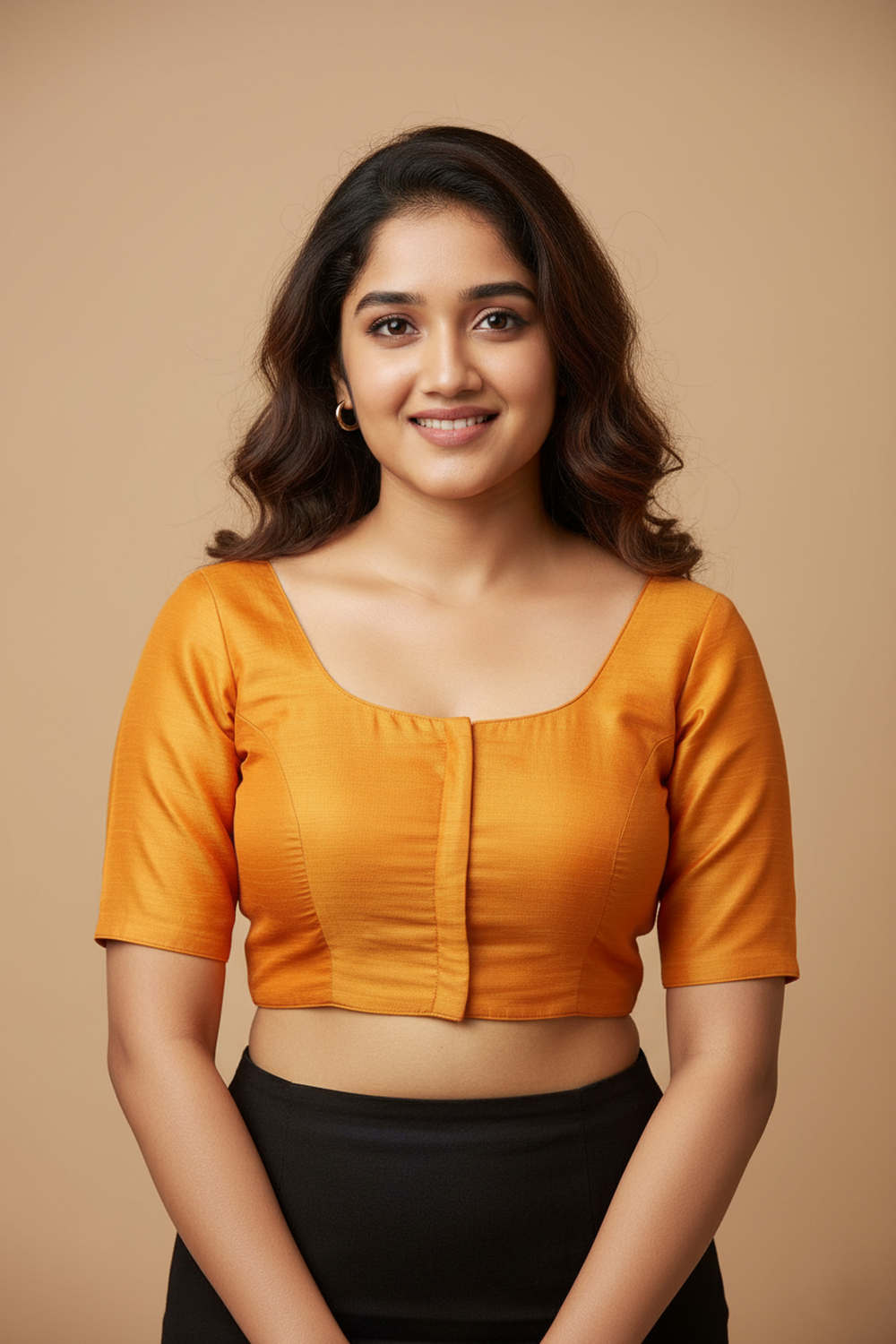 Women's Blouse Raw Silk Padded Front Open Round Neck Princess Cut Elbow Sleeve Saree Blouse with Round Back - Mustard - R124