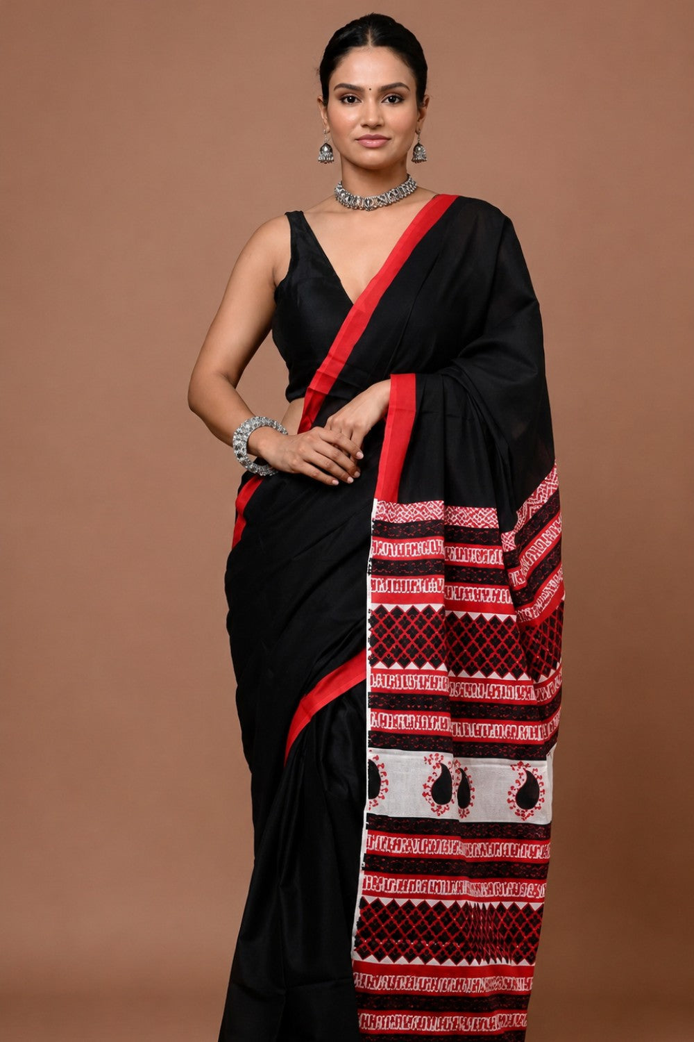 Women’s Pure Cotton Black Jaipur Print Saree with Blouse | Daily Wear & Traditional Saree for Women - WS05