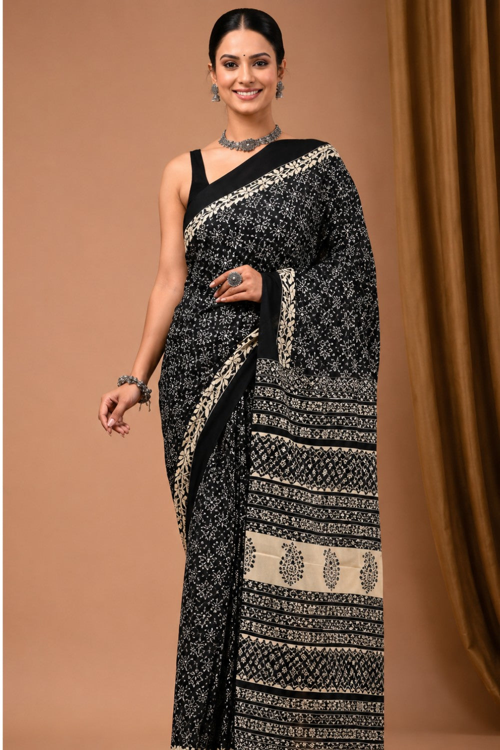 Women’s Black Pure Cotton Jaipur Print Saree with Blouse – Printed Cotton Traditional Saree for Women | Festive & Office Wear Saree - WS05
