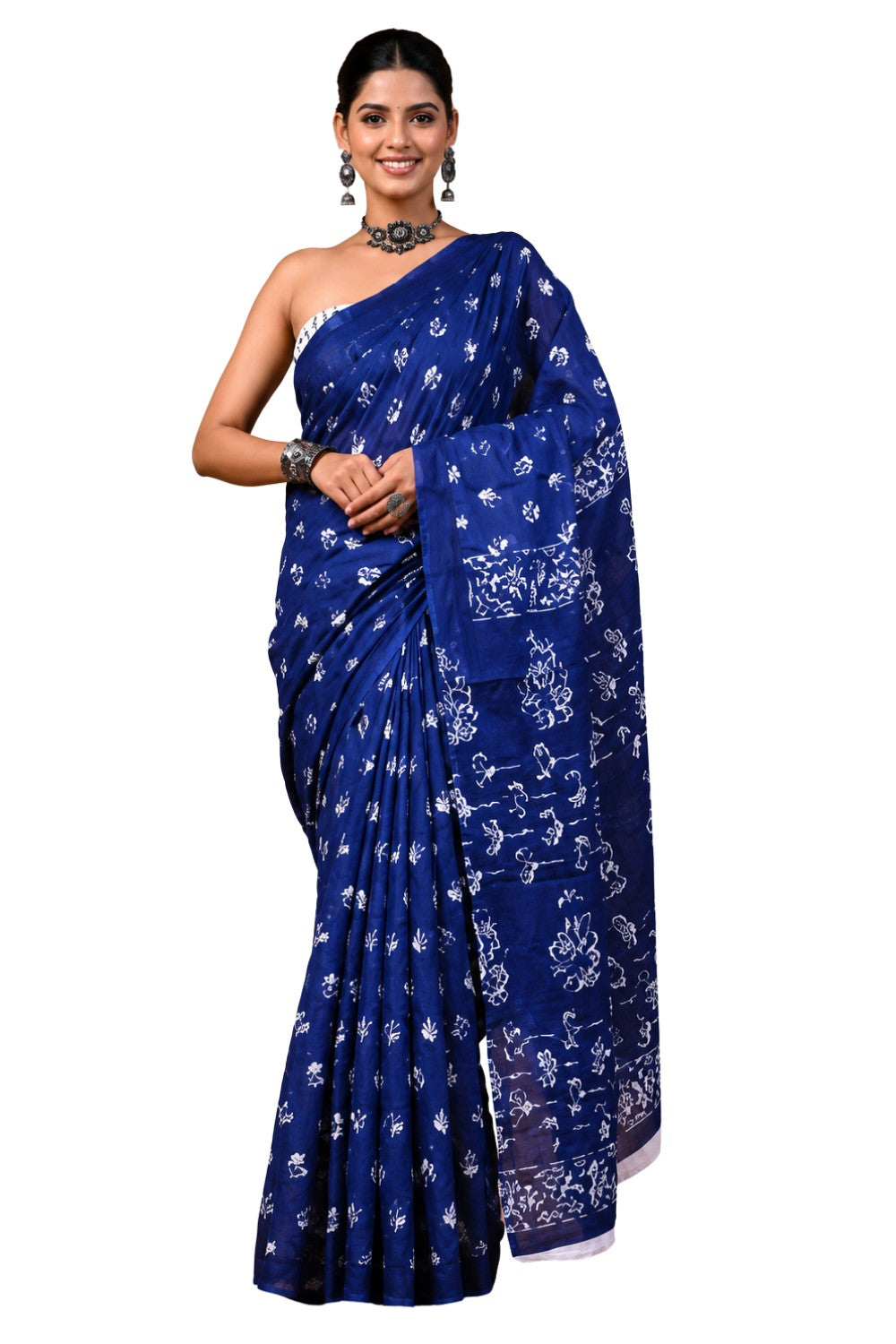 Women’s Dark Blue Pure Cotton Jaipur Print Saree with Blouse – Printed Cotton Saree for Women | Casual & Ethnic Wear Saree - WS05