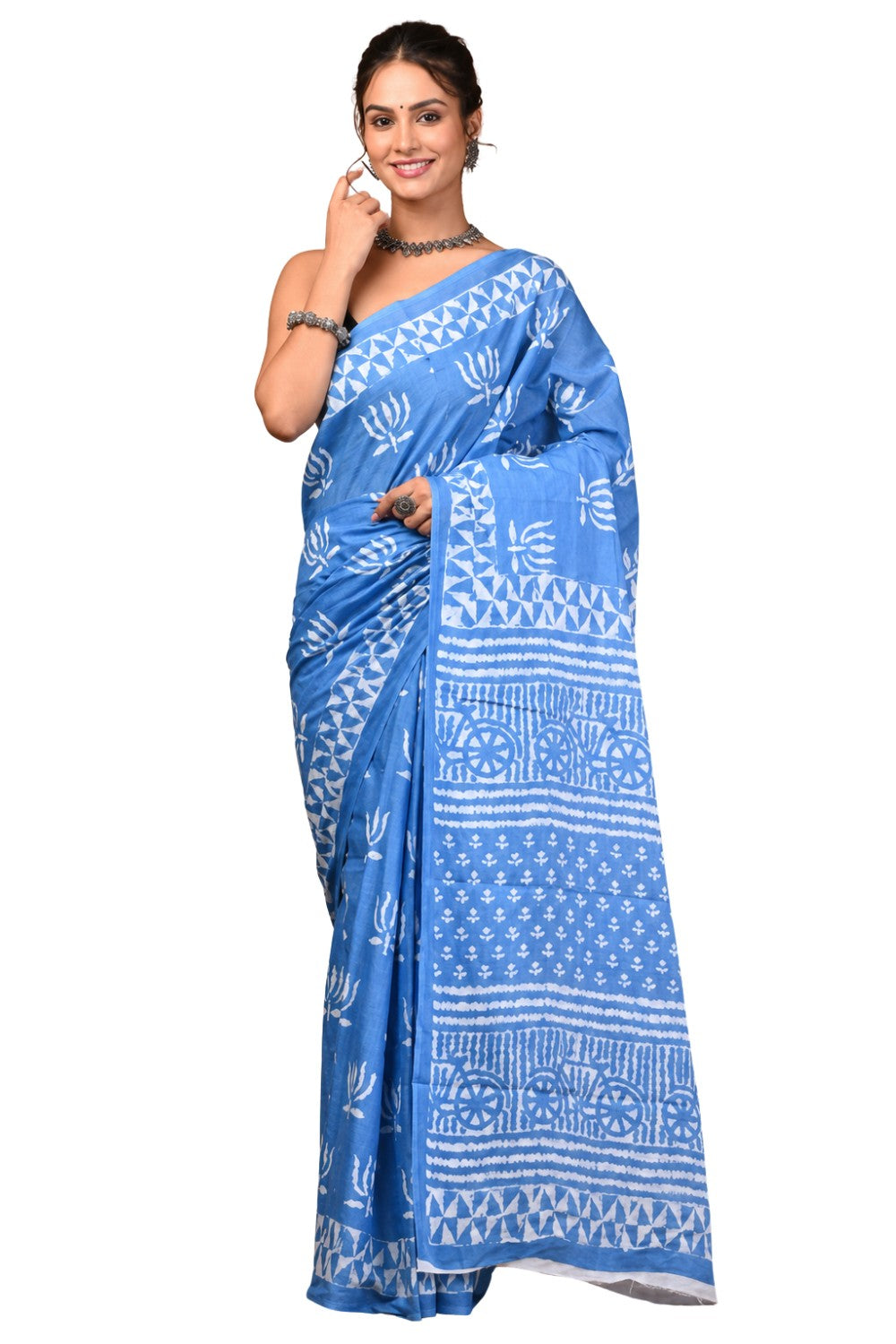 Women’s Light Blue Pure Cotton Jaipur Print Saree with Blouse | Traditional & Office Wear Cotton Saree - WS05