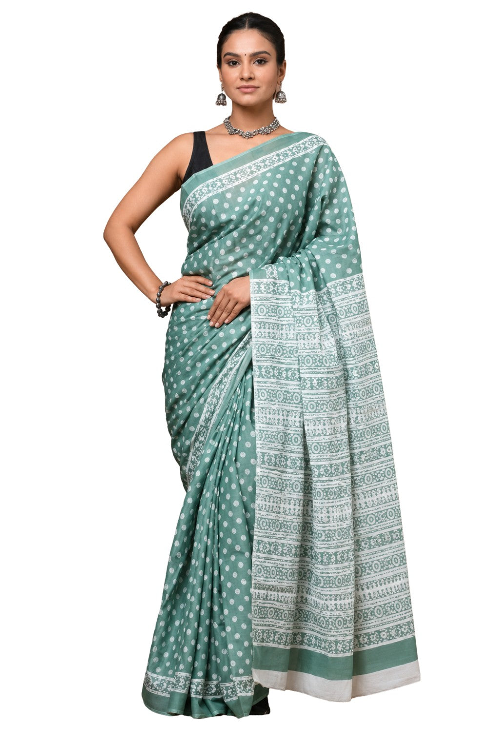 Women’s Pure Cotton Jaipur Print Saree with Blouse – Light Green Printed Cotton Saree for Women | Ethnic Wear & Daily Wear Saree - WS05
