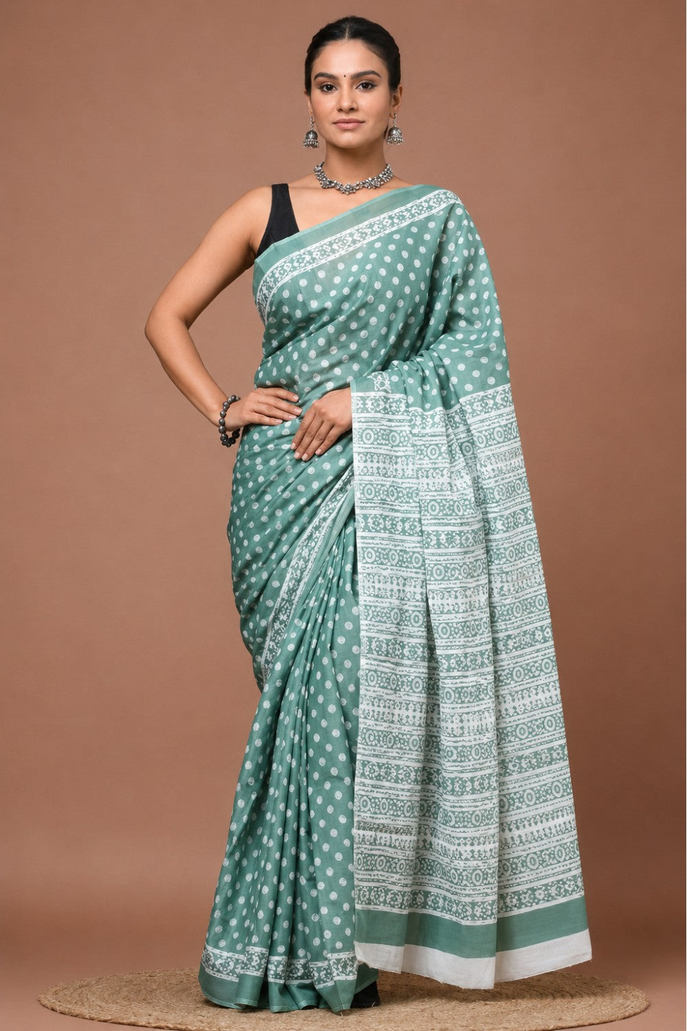 Women’s Pure Cotton Jaipur Print Saree with Blouse – Light Green Printed Cotton Saree for Women | Ethnic Wear & Daily Wear Saree - WS05