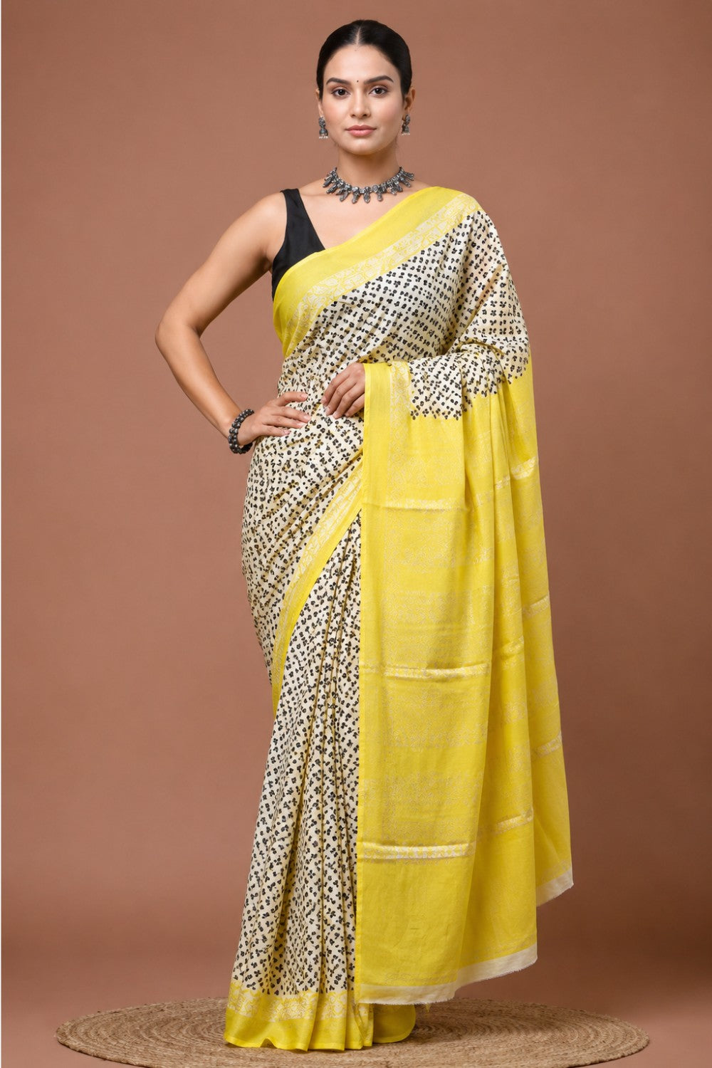 Women’s Yellow Pure Cotton Jaipur Print Saree with Blouse – Printed Cotton Ethnic Saree for Women | Daily Wear Saree - WS05