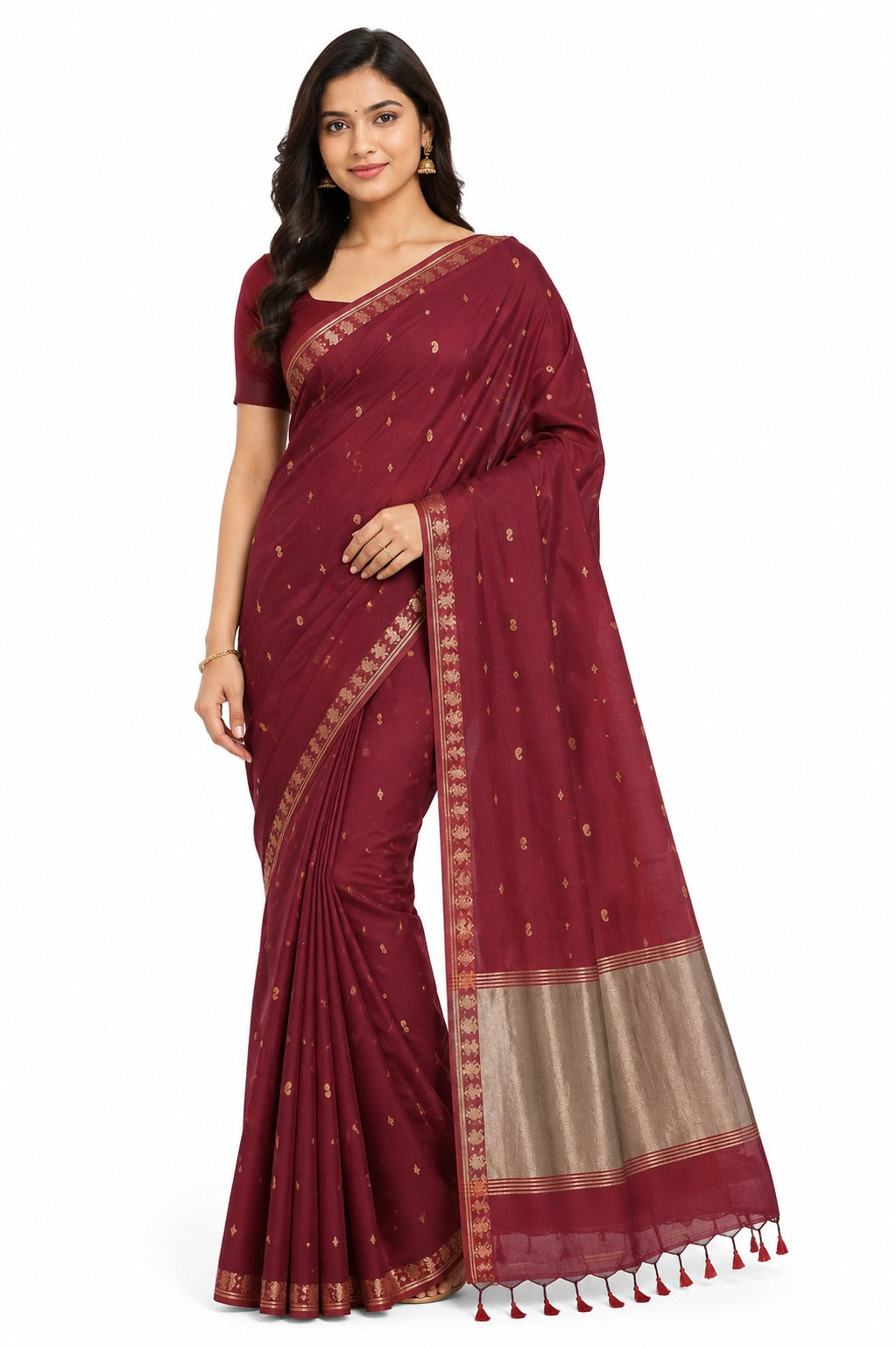 Naidu Hall Women's Maroon Bengal Cotton Blend Jacquard Saree with Blouse | Lightweight Ethnic Wear Saree - R553