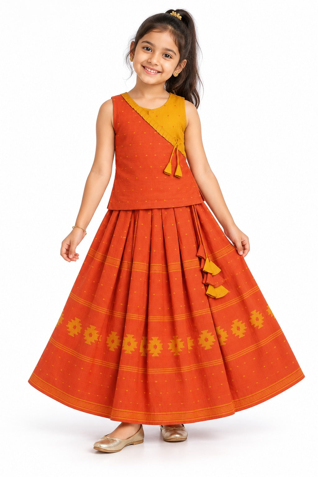 Chittythalli Girls Kalamkari Silk Cotton Slub Pavadai Set - Traditional Ethnic Wear-RUST-PS72