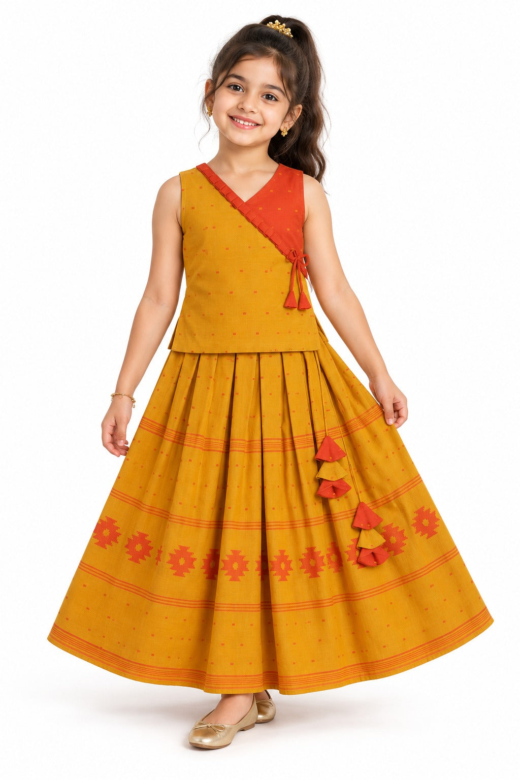 Chittythalli Girls Kalamkari Silk Cotton Slub Pavadai Set - Traditional Ethnic Wear-PS72