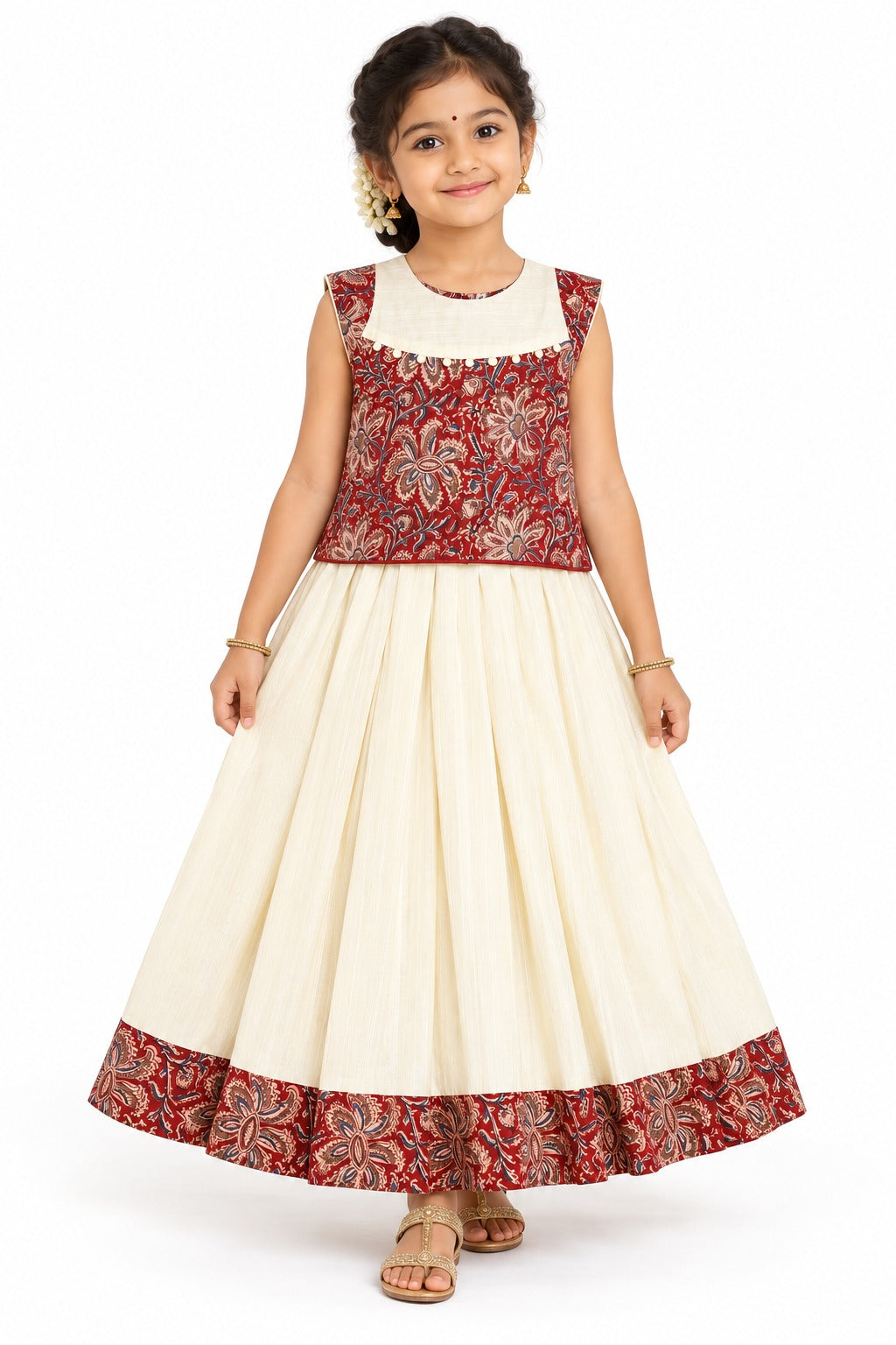 Chittythalli Girls Kalamkari Silk Cotton Slub Pavadai Set -Traditional Ethnic Wear-PS20