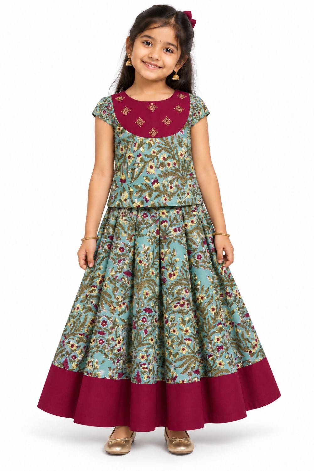Chittythalli Girls Block Printed Cotton Embroidered Pavadai Set - Sea Green - PS12
