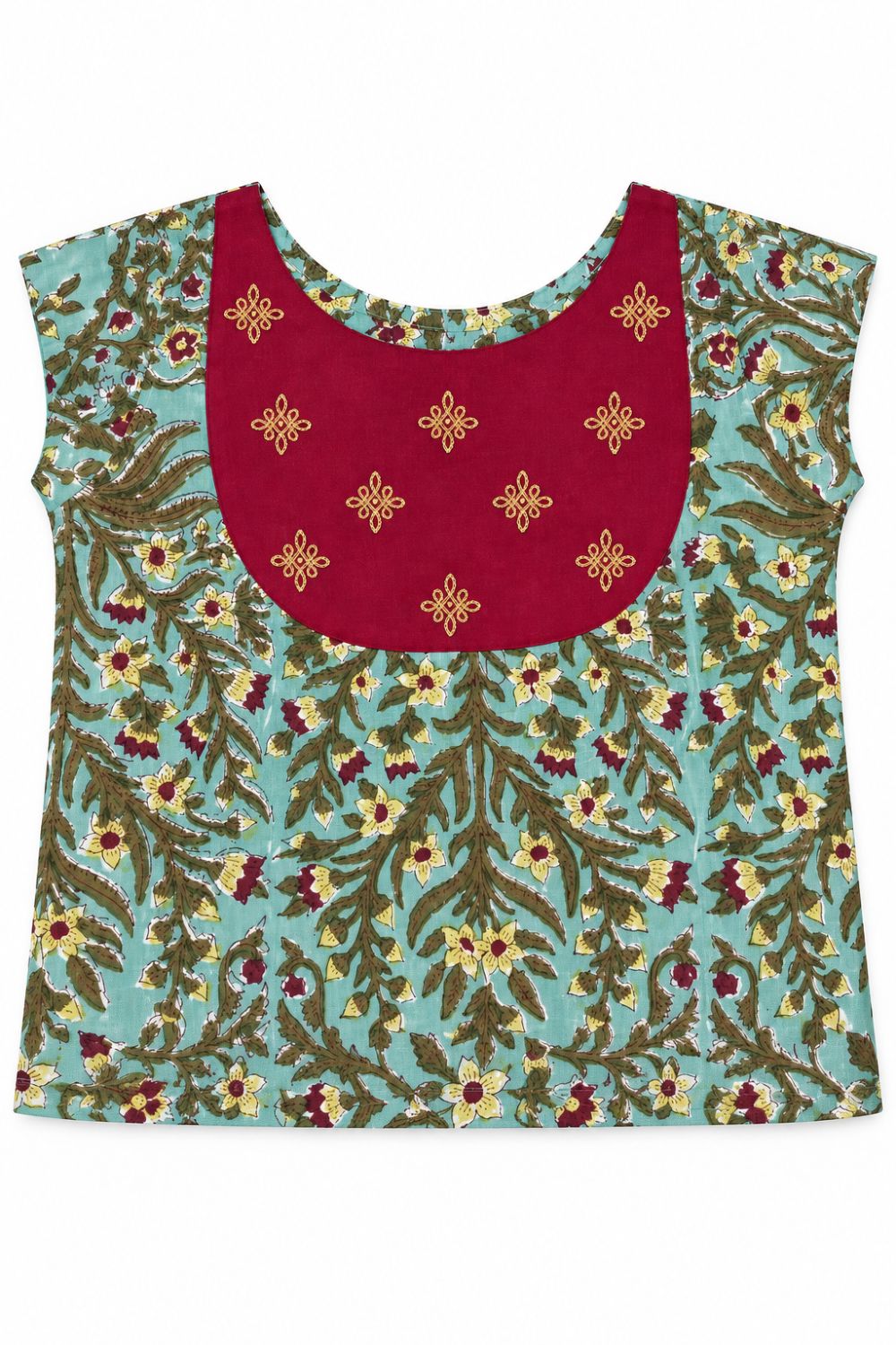 Chittythalli Girls Block Printed Cotton Embroidered Pavadai Set - Sea Green - PS12
