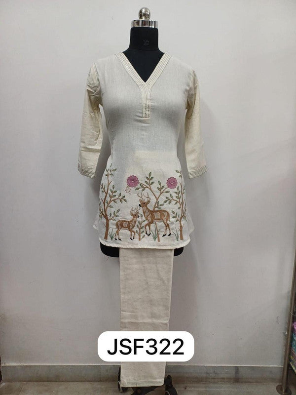 Women’s Cotton Blend Kurta Set | Regular Fit Daily Wear Embroidered Co-Ord Set with V Neck & 3/4 Sleeves – Comfortable Woven Fabric Ethnic Wear for Women - White - F322