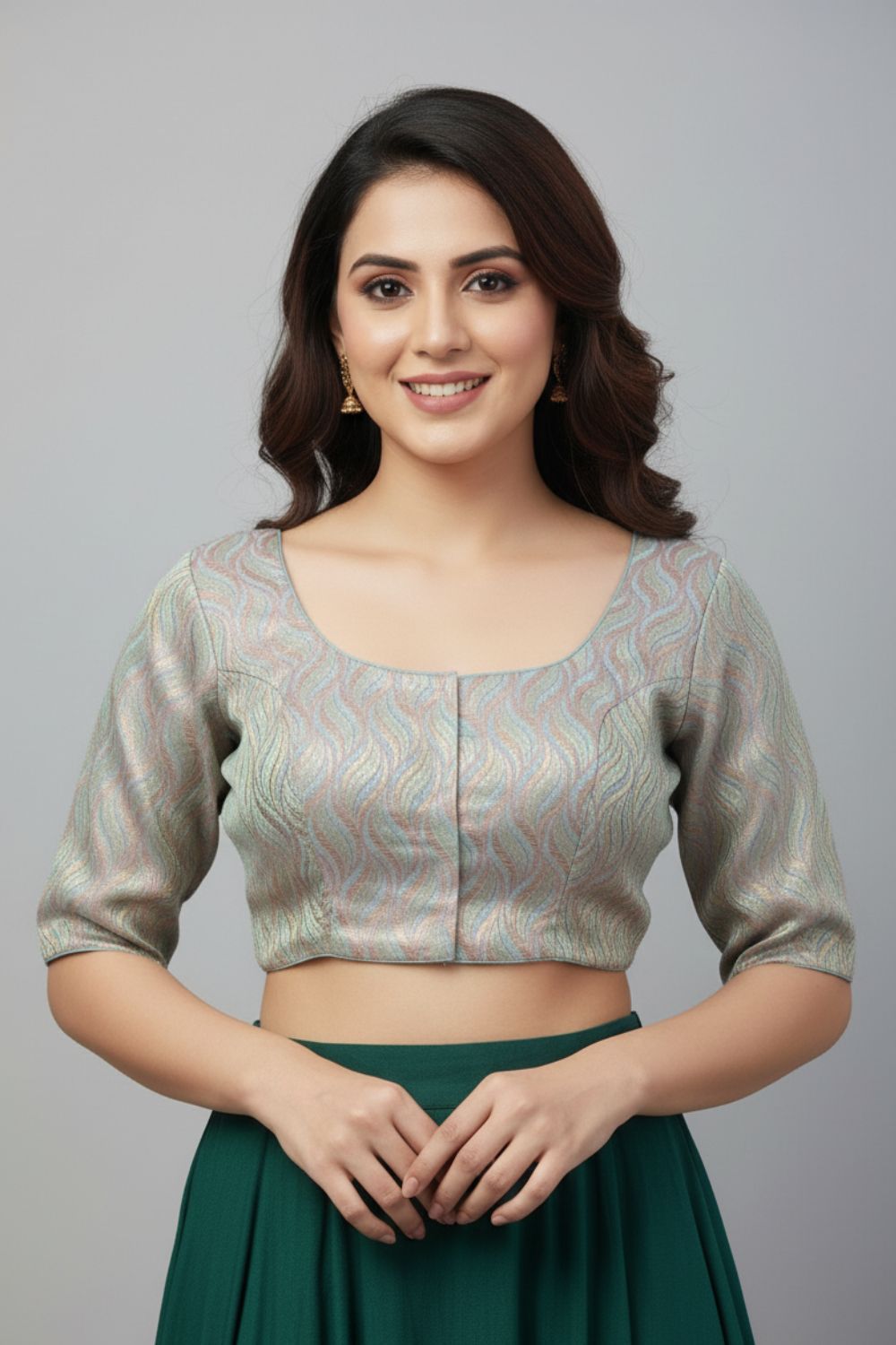 Women's Blouse Art Silk Padded Front Open Round Neck Princess Cut Elbow Sleeve Saree Blouse with Round Back - Light Blue - 4189