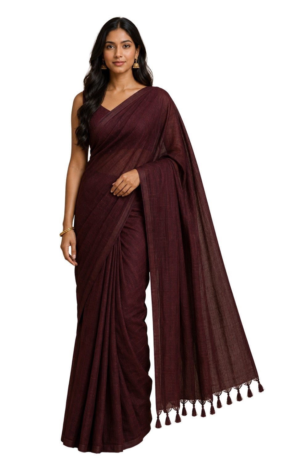 Naidu Hall Women's Wine Khadi Cotton Blend Solid Saree with Blouse | Lightweight Ethnic Wear Saree - G359