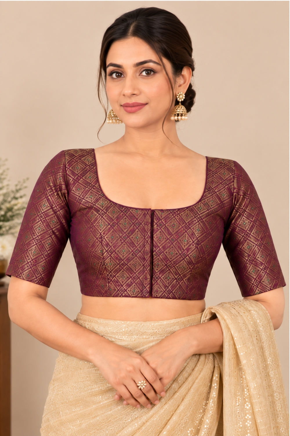 Women's Art Silk Printed Saree Blouse | Round Neck Elbow Sleeve Readymade Blouse | Regular Fit Woven Ethnic Blouse | 4341