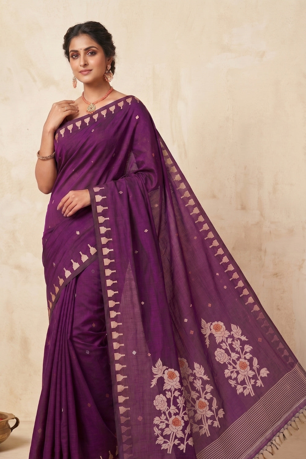 Naidu Hall Women's Wine Khadi Cotton Blend Jacquard Saree with Blouse | Lightweight Ethnic Wear Saree - G533