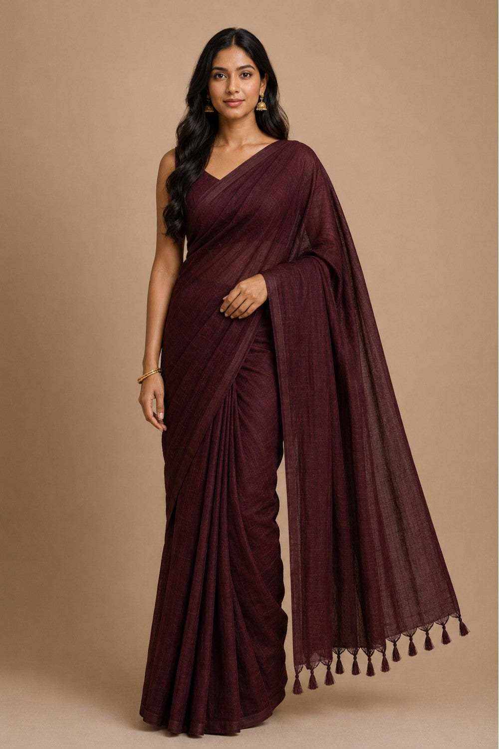 Naidu Hall Women's Wine Khadi Cotton Blend Solid Saree with Blouse | Lightweight Ethnic Wear Saree - G359