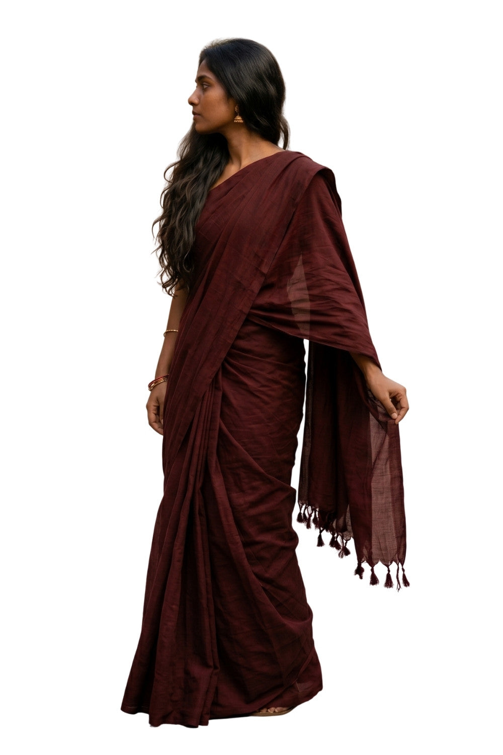 Naidu Hall Women's Wine Khadi Cotton Blend Solid Saree with Blouse | Lightweight Ethnic Wear Saree - G359