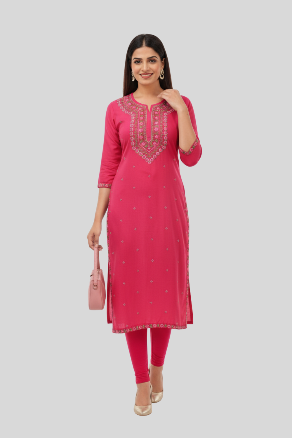 Women’s Embroidered Rayon Kurti with Round Neck & 3/4th Sleeves | Below-Knee Regular Fit Daily Wear Kurta - 0973