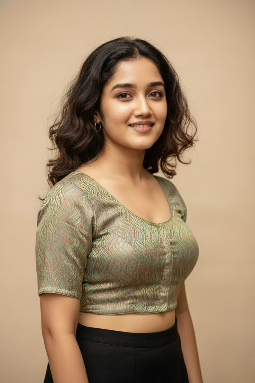 Women's Blouse Art Silk Padded Front Open Round Neck Princess Cut Elbow Sleeve Saree Blouse with Round Back - Light Brown- 4189