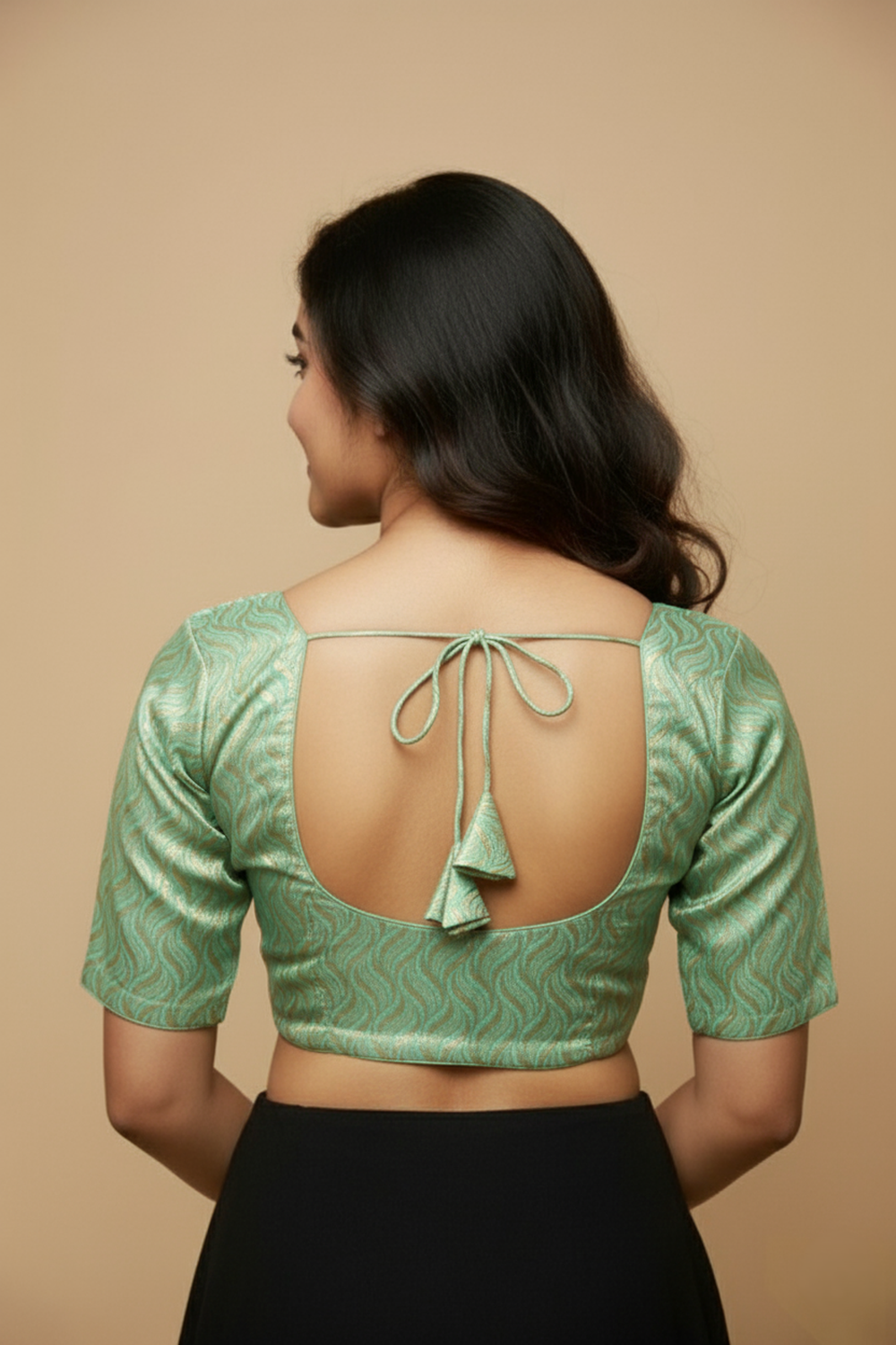 Women's Blouse Art Silk Padded Front Open Round Neck Princess Cut Elbow Sleeve Saree Blouse with Round Back - Pista Green - 4189