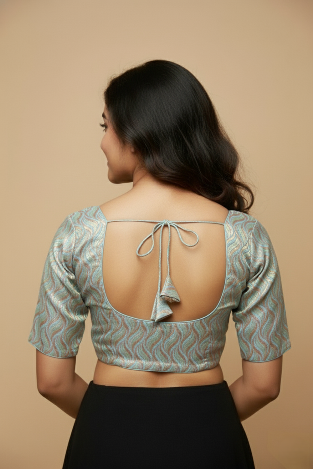 Women's Blouse Art Silk Padded Front Open Round Neck Princess Cut Elbow Sleeve Saree Blouse with Round Back - Light Blue - 4189