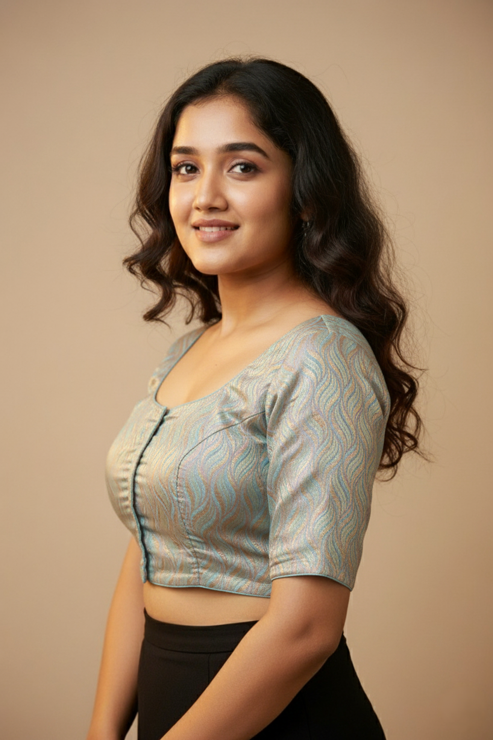 Women's Blouse Art Silk Padded Front Open Round Neck Princess Cut Elbow Sleeve Saree Blouse with Round Back - Light Blue - 4189