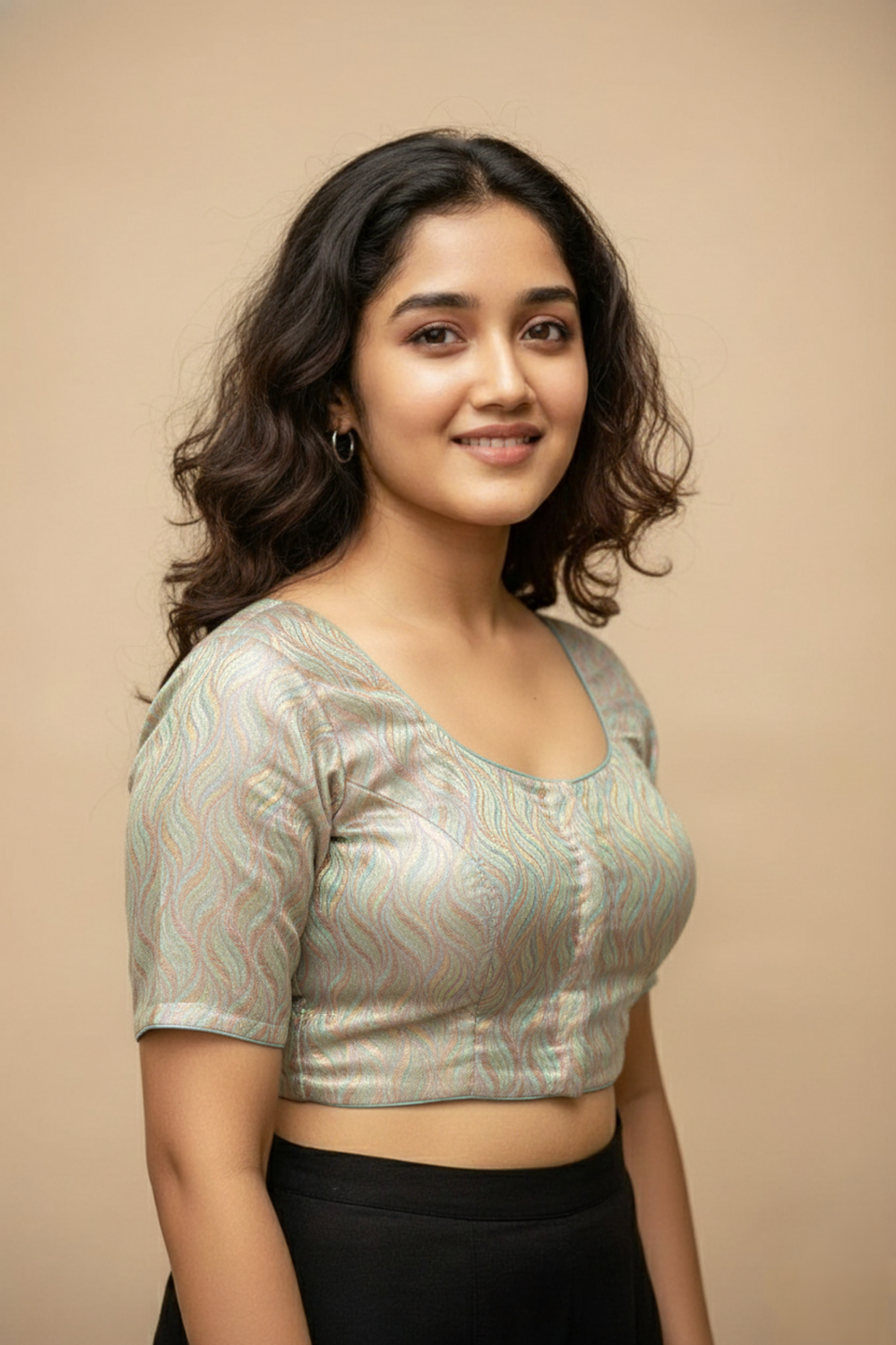 Women's Blouse Art Silk Padded Front Open Round Neck Princess Cut Elbow Sleeve Saree Blouse with Round Back - Light Blue - 4189