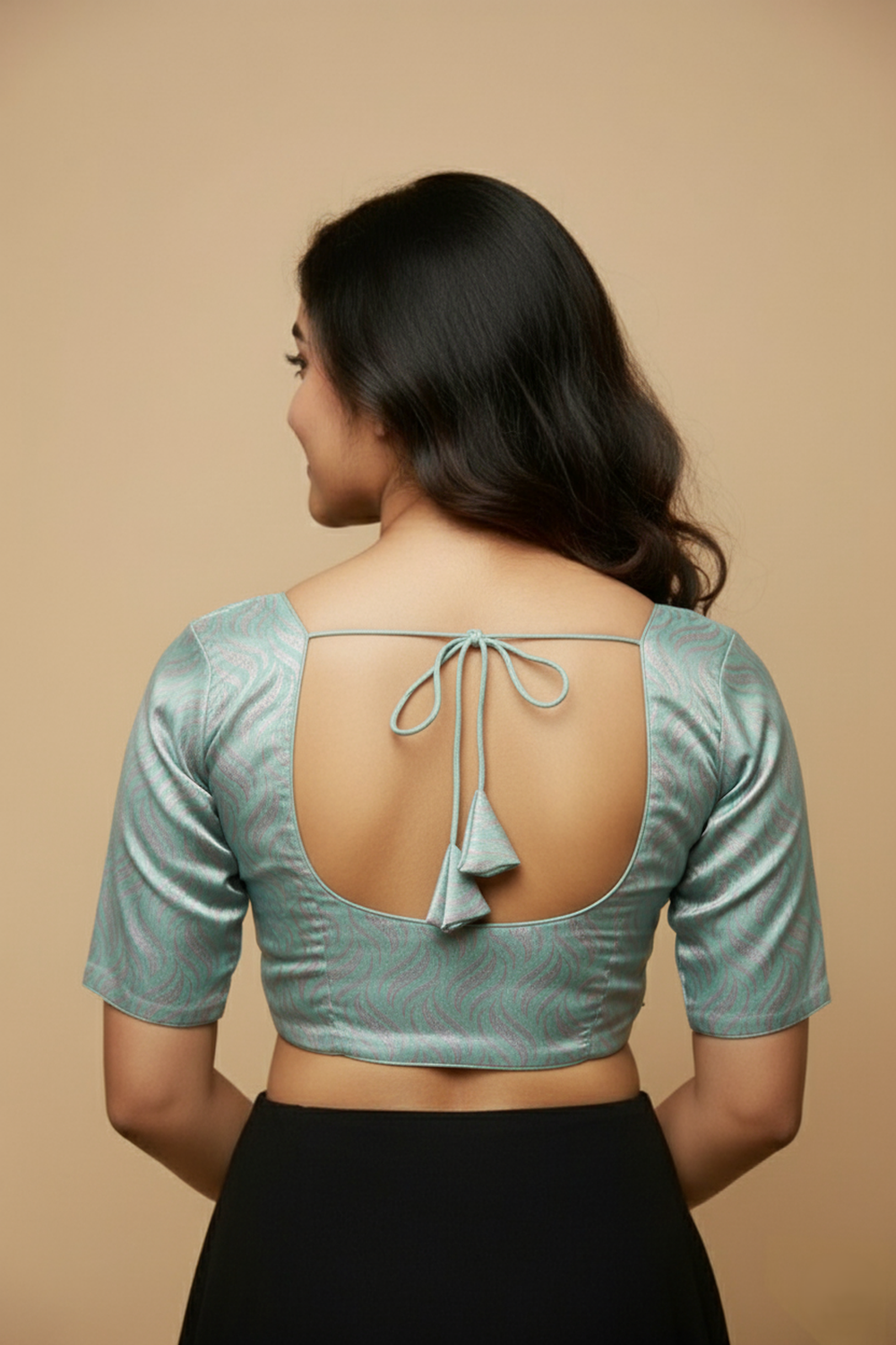 Women's Blouse Art Silk Padded Front Open Round Neck Princess Cut Elbow Sleeve Saree Blouse with Round Back - Sea Green - 4193