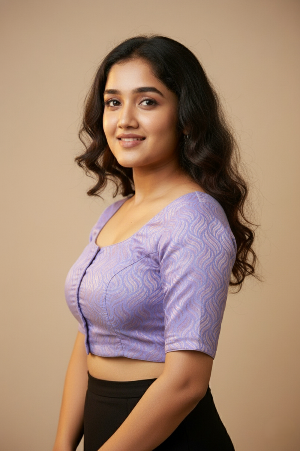 Women's Blouse Art Silk Padded Front Open Round Neck Princess Cut Elbow Sleeve Saree Blouse with Round Back - Lavender - 4193