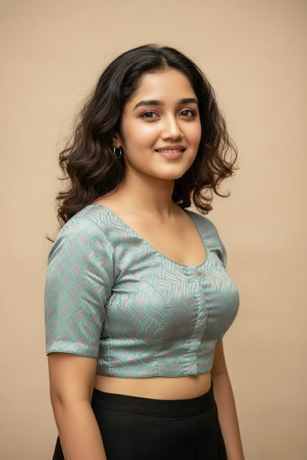 Women's Blouse Art Silk Padded Front Open Round Neck Princess Cut Elbow Sleeve Saree Blouse with Round Back - Sea Green - 4193