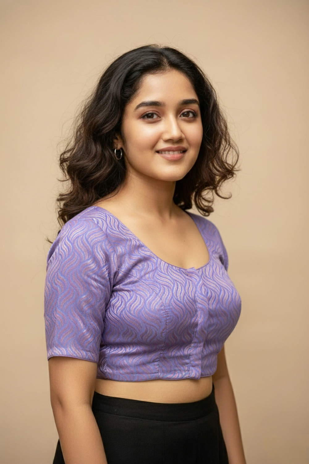 Women's Blouse Art Silk Padded Front Open Round Neck Princess Cut Elbow Sleeve Saree Blouse with Round Back - Lavender - 4193