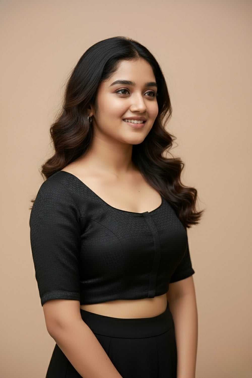 Women's Blouse Cotton Blend Padded Front Open Round Neck Princess Cut Elbow Sleeve Printed Saree Blouse - Black - R113