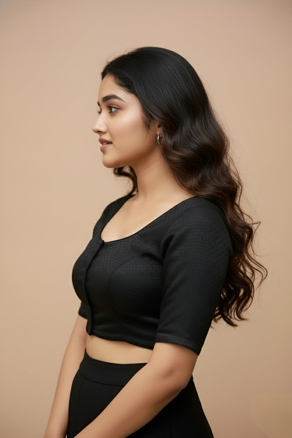 Women's Blouse Cotton Blend Padded Front Open Round Neck Princess Cut Elbow Sleeve Printed Saree Blouse - Black - R113