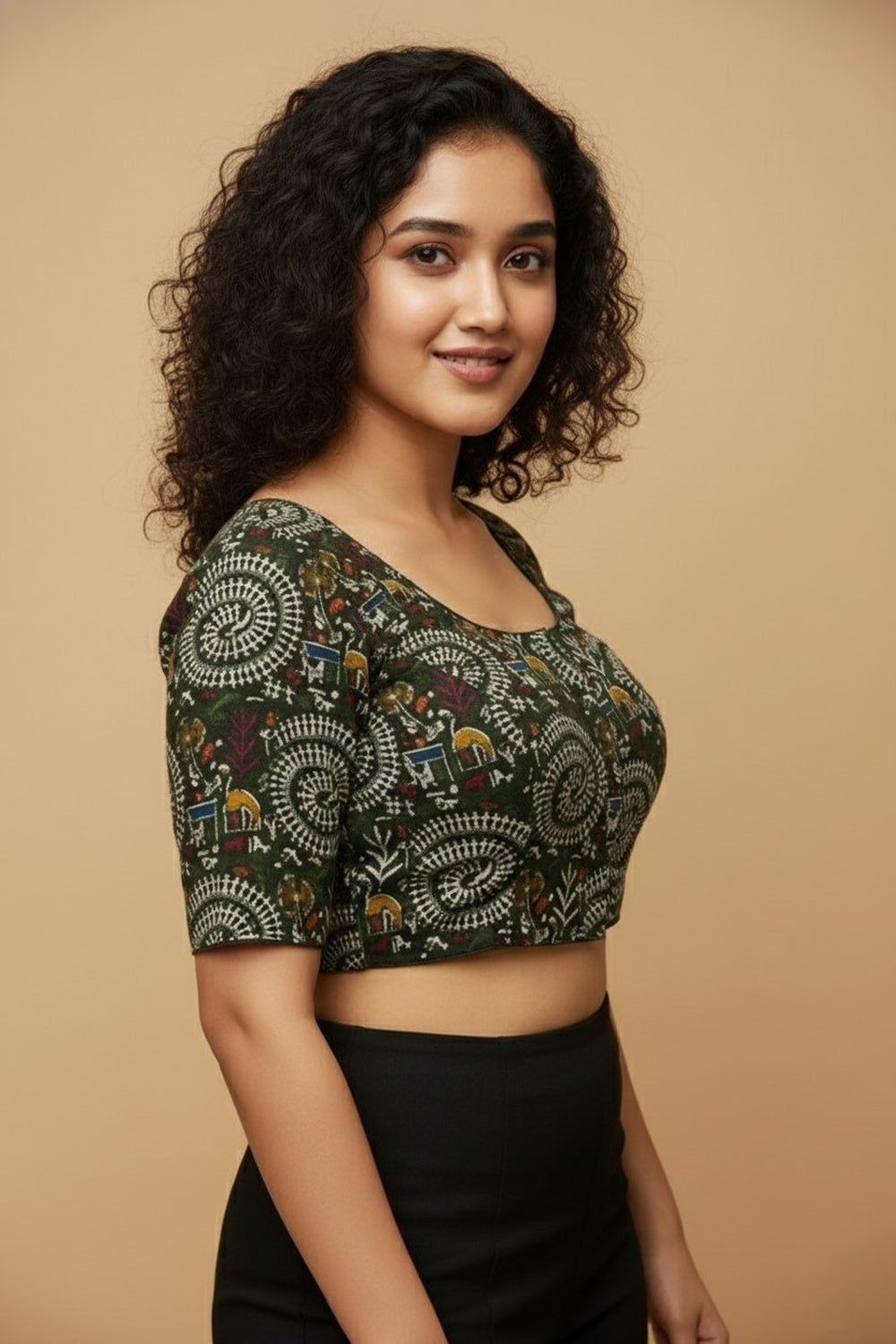 Women's Blouse Padded Cotton Blend Front Open Saree Blouse with Round Neck Princess Cut and Elbow Sleeves - Mehandi - 1623