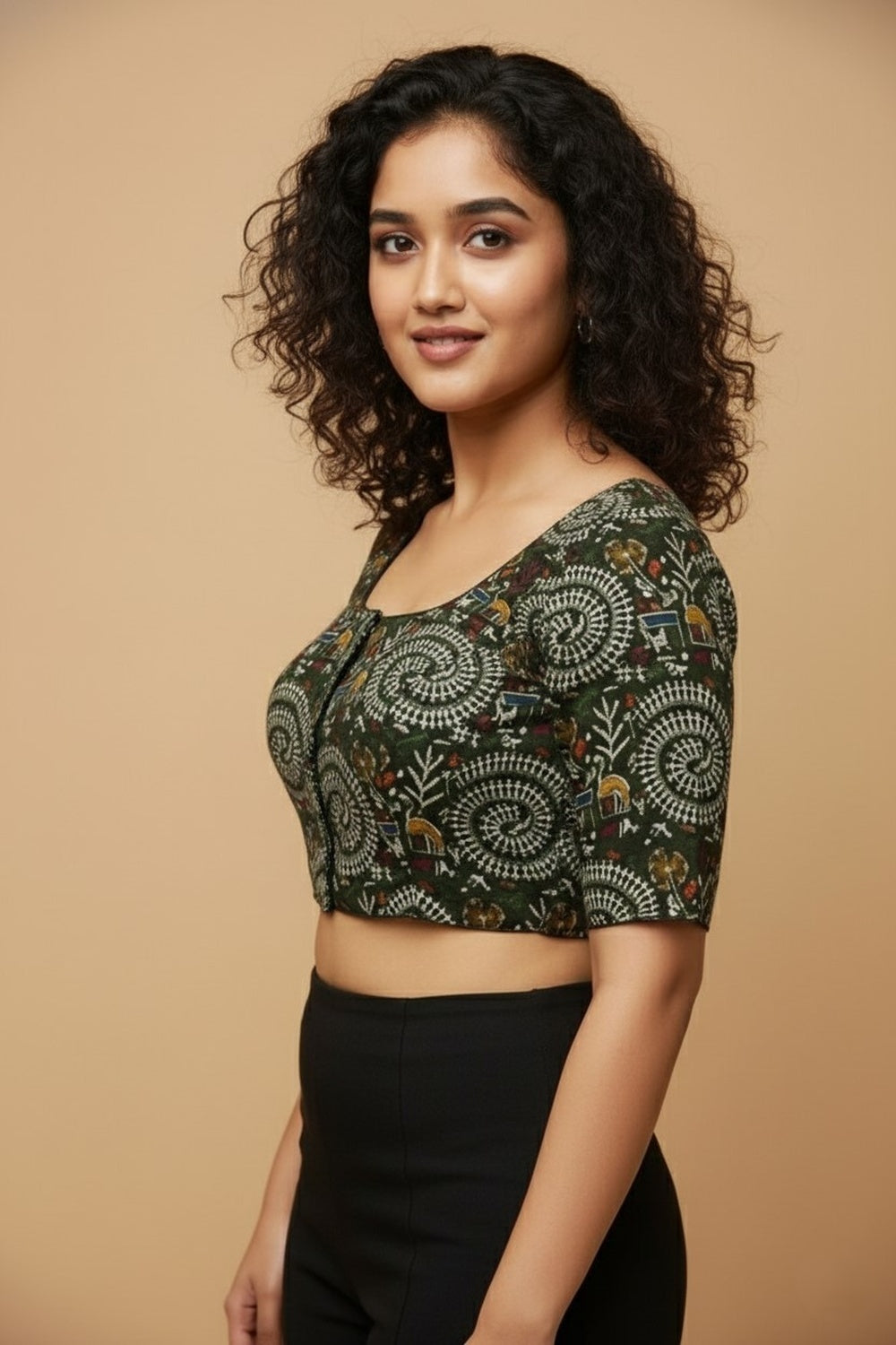 Women's Blouse Padded Cotton Blend Front Open Saree Blouse with Round Neck Princess Cut and Elbow Sleeves - Mehandi - 1623