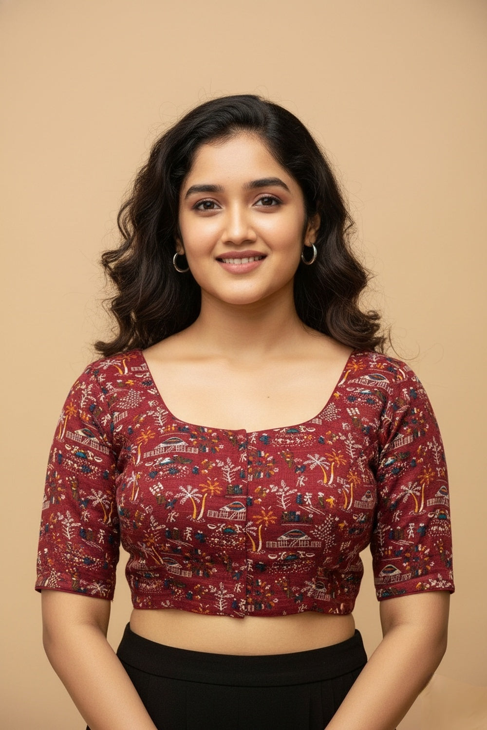 Women's Blouse Padded Cotton Blend Front Open Round Neck Princess Cut Elbow Sleeve Saree Blouse - Maroon - 1623