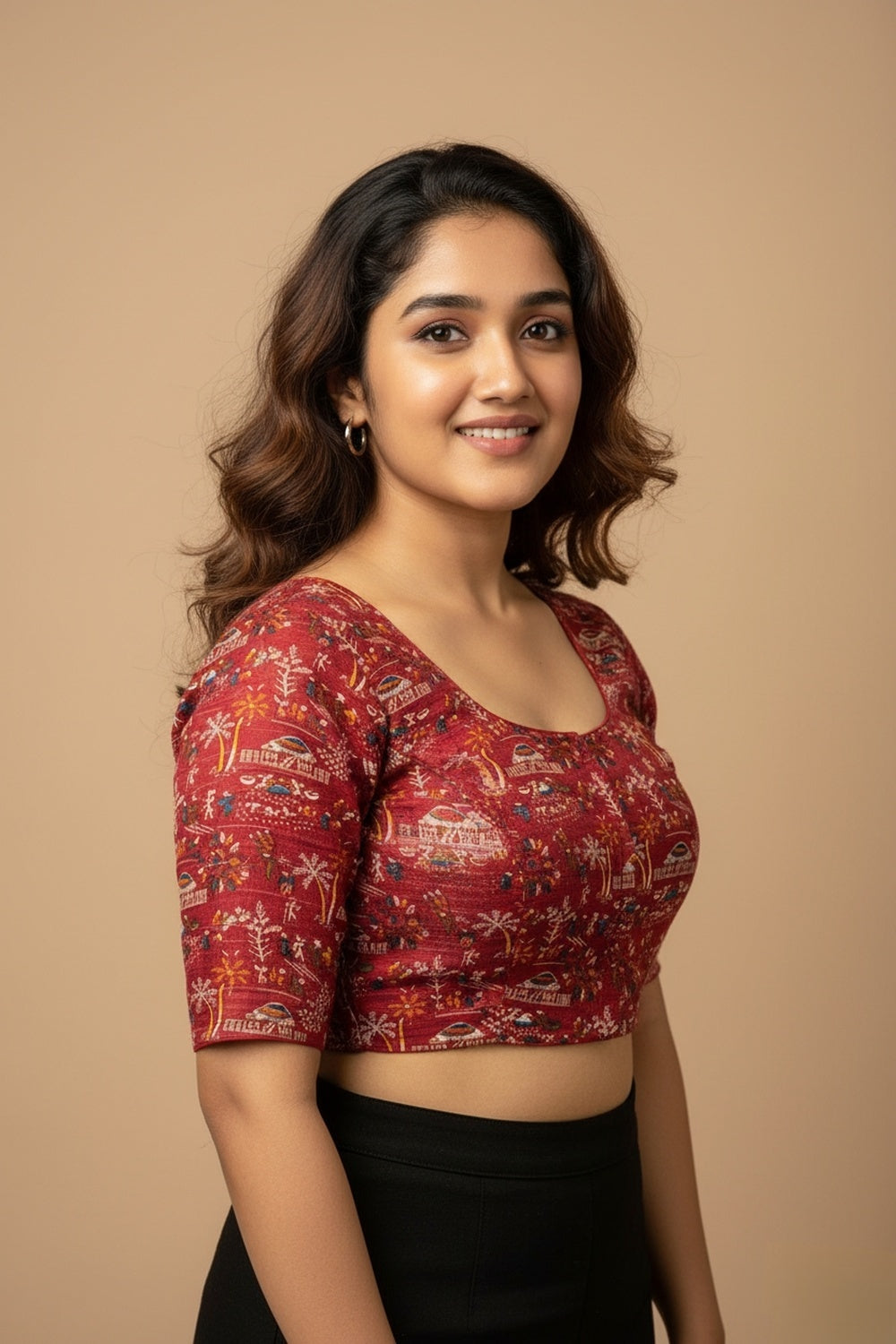 Women's Blouse Padded Cotton Blend Front Open Round Neck Princess Cut Elbow Sleeve Saree Blouse - Maroon - 1623