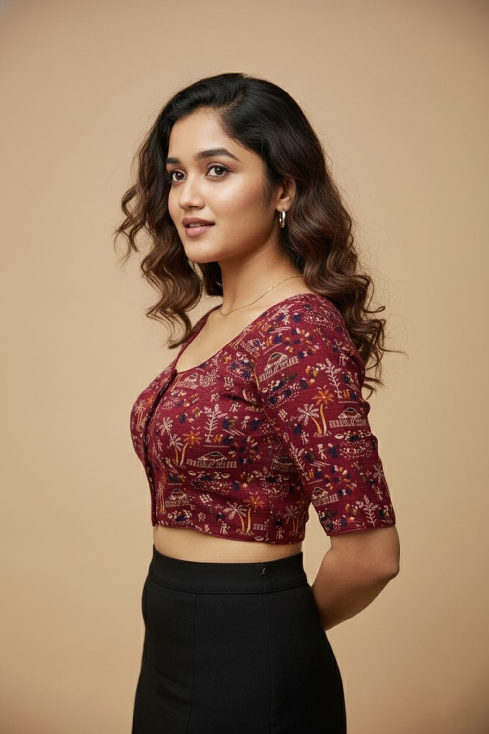 Women's Blouse Padded Cotton Blend Front Open Round Neck Princess Cut Elbow Sleeve Saree Blouse - Rani - 1623