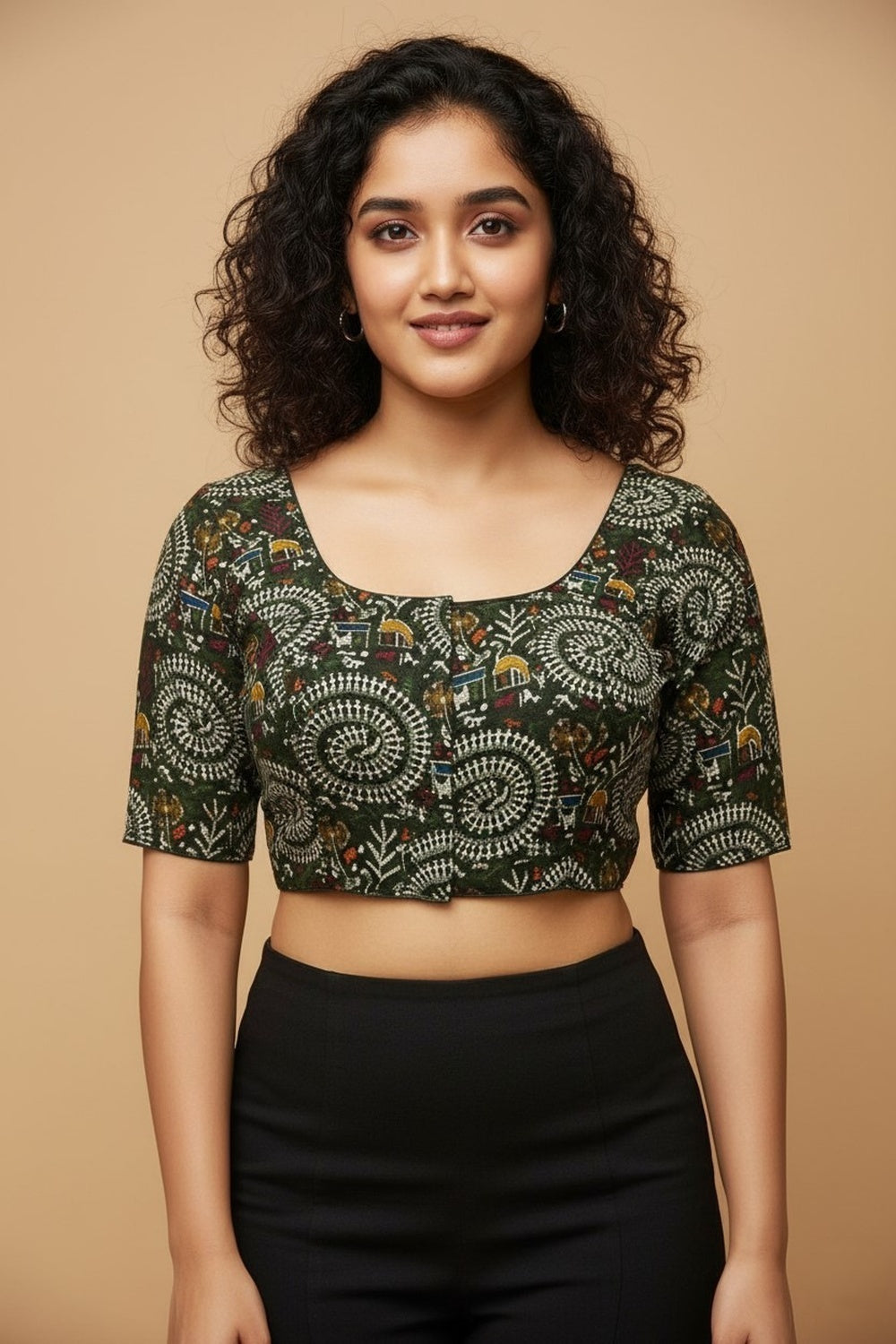 Women's Blouse Padded Cotton Blend Front Open Saree Blouse with Round Neck Princess Cut and Elbow Sleeves - Mehandi - 1623