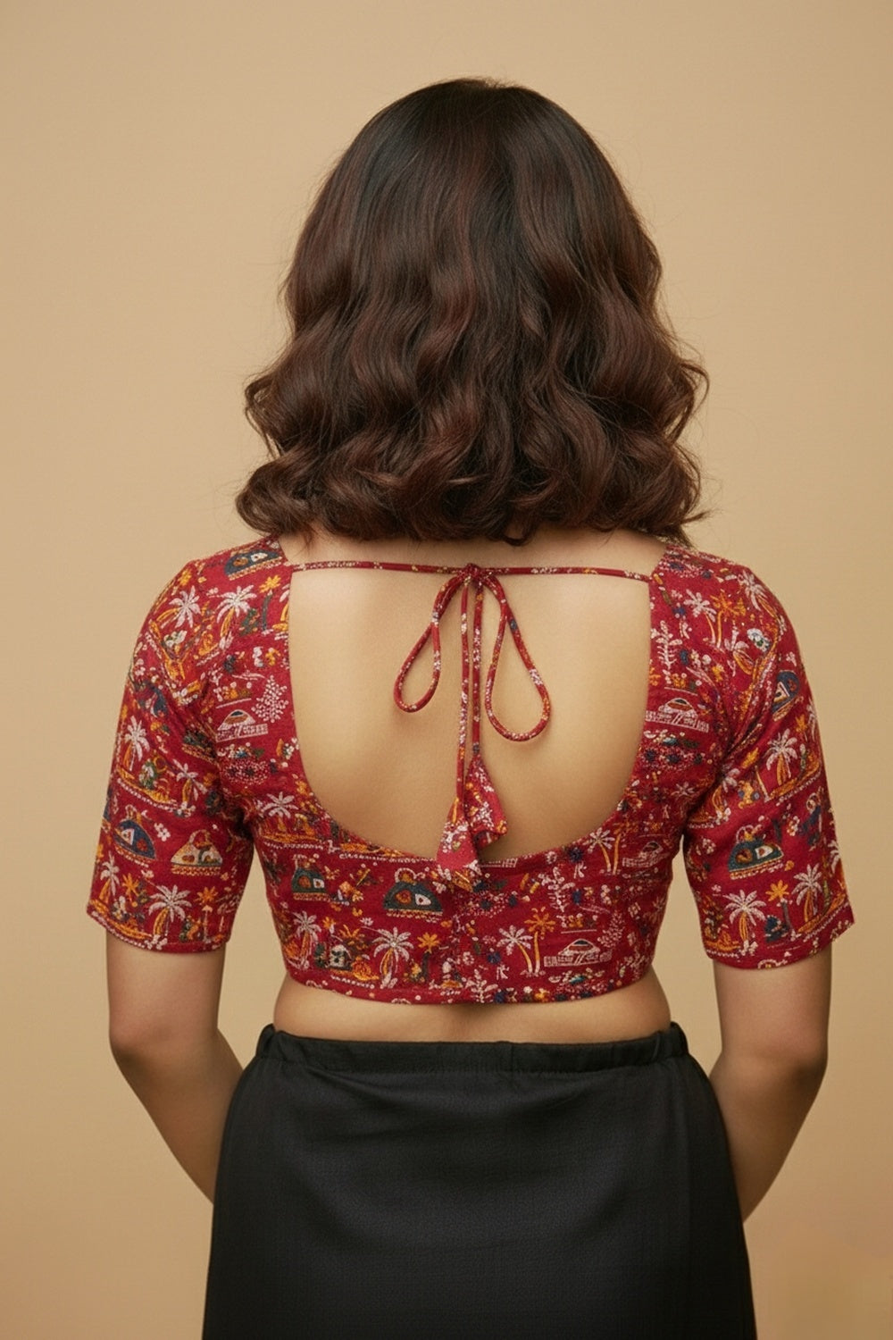 Women's Blouse Padded Cotton Blend Front Open Round Neck Princess Cut Elbow Sleeve Saree Blouse - Maroon - 1623