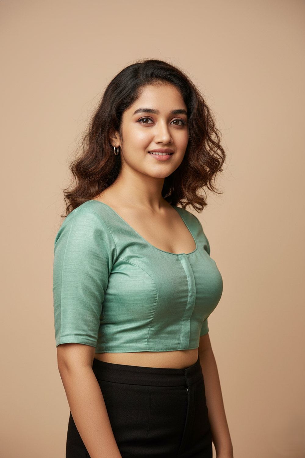 Women's Blouse Raw Silk Padded Front Open Round Neck Princess Cut Elbow Sleeve Saree Blouse with Round Back - Pista - R124