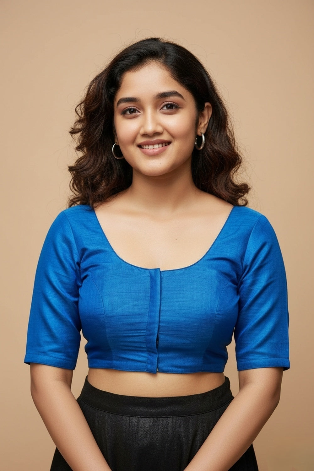 Women's Blouse Raw Silk Padded Front Open Round Neck Princess Cut Elbow Sleeve Saree Blouse with Round Back - Ananda Blue - R124