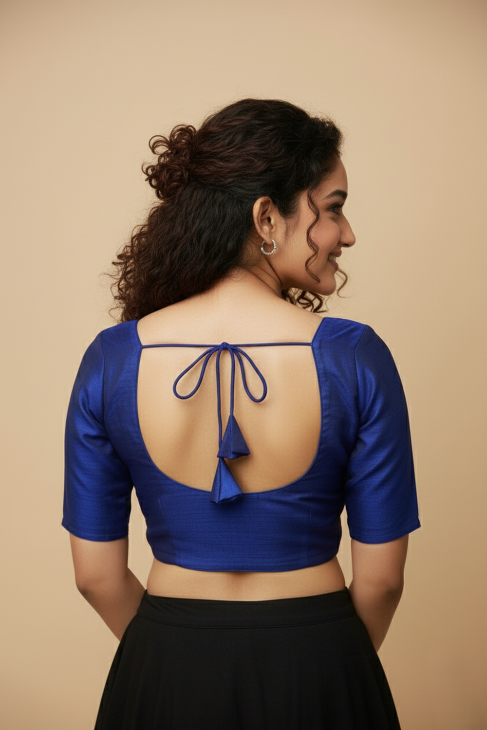 Women's Blouse Raw Silk Padded Front Open Round Neck Princess Cut Elbow Sleeve Saree Blouse with Round Back - Royal Blue - R124